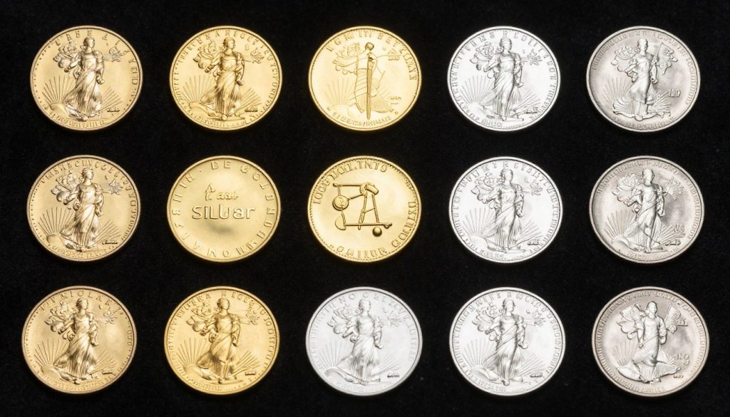 Assortment of IRS-approved gold and silver coins and bars including American Eagles