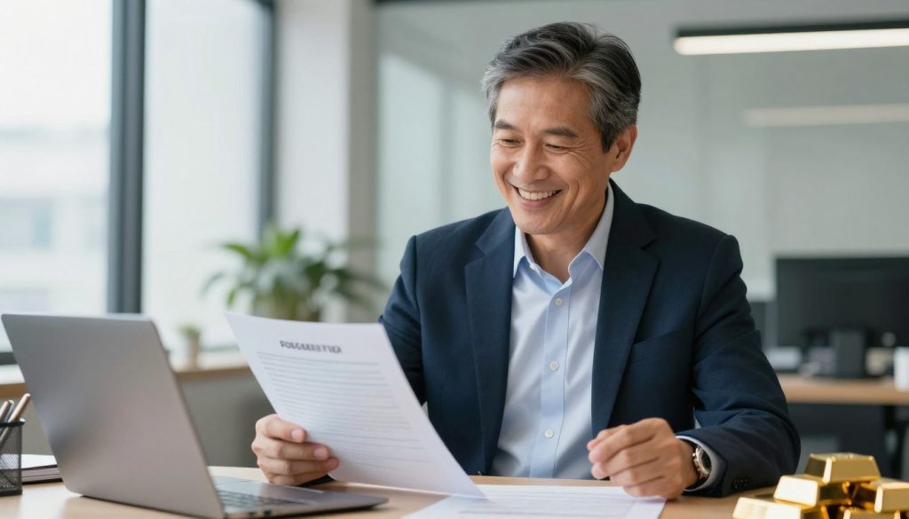 Confident investor having successfully chosen best gold IRA company for retirement portfolio Confident investor having successfully chosen best gold IRA company for retirement portfolio