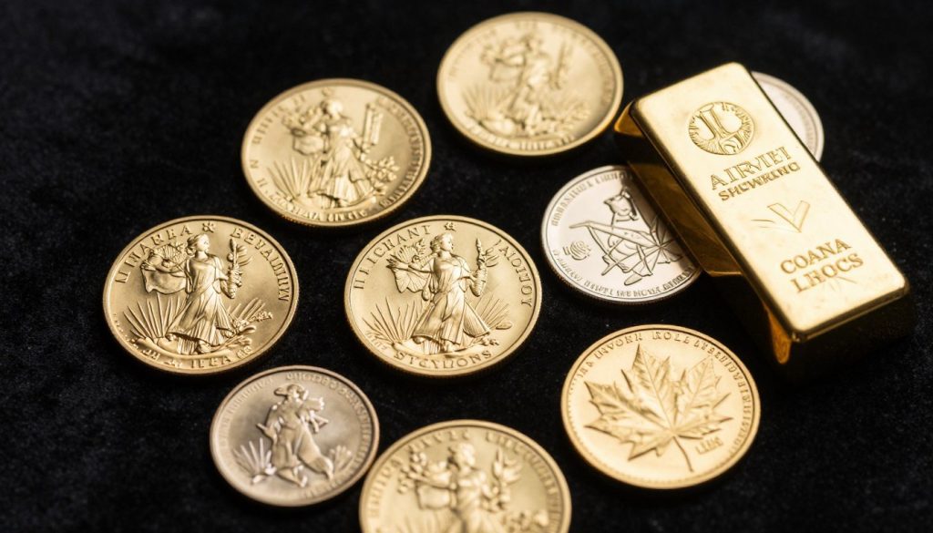 Physical gold coins and bars representing IRS-approved precious metals for gold IRA investments Physical gold coins and bars representing IRS-approved precious metals for gold IRA investments