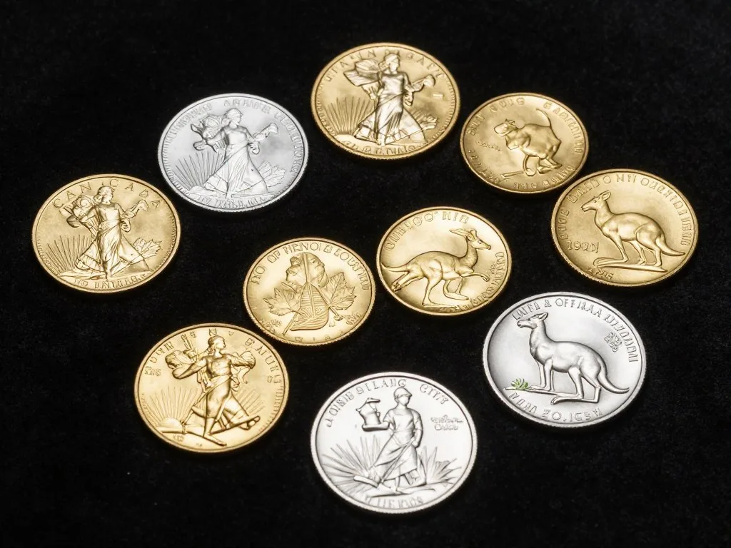 Assortment of IRS-approved gold and silver coins for noble gold IRA investments